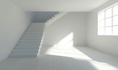 Fototapeta premium Bright and minimalistic interior featuring a staircase and large window casting shadows