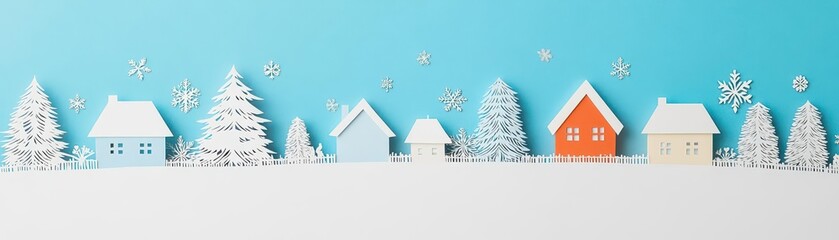 Fototapeta premium Charming Paper Cut Christmas Scene Depicting a Cozy House Surrounded by Whimsical Trees in a Festive Atmosphere Evoking Joy and Holiday Spirit
