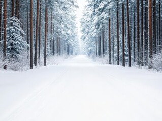 Naklejka premium Tranquil Snowy Road Winding Through Lush Green Forest Surrounded by Majestic Pine Trees Under a Clear Blue Sky Eliciting a Sense of Calm and Adventure