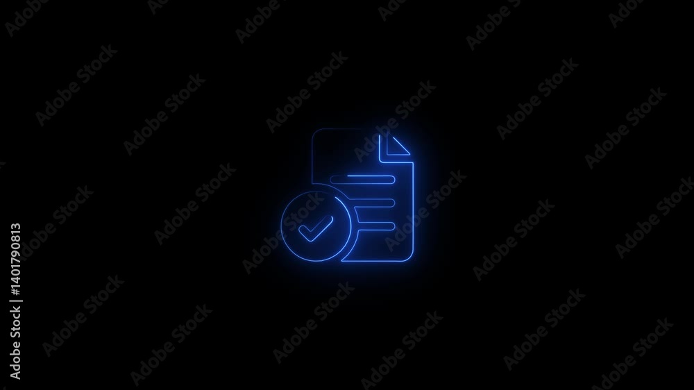Poster glowing neon document file icon animation, neon pdf file icon.neon document checklist icon on a dark