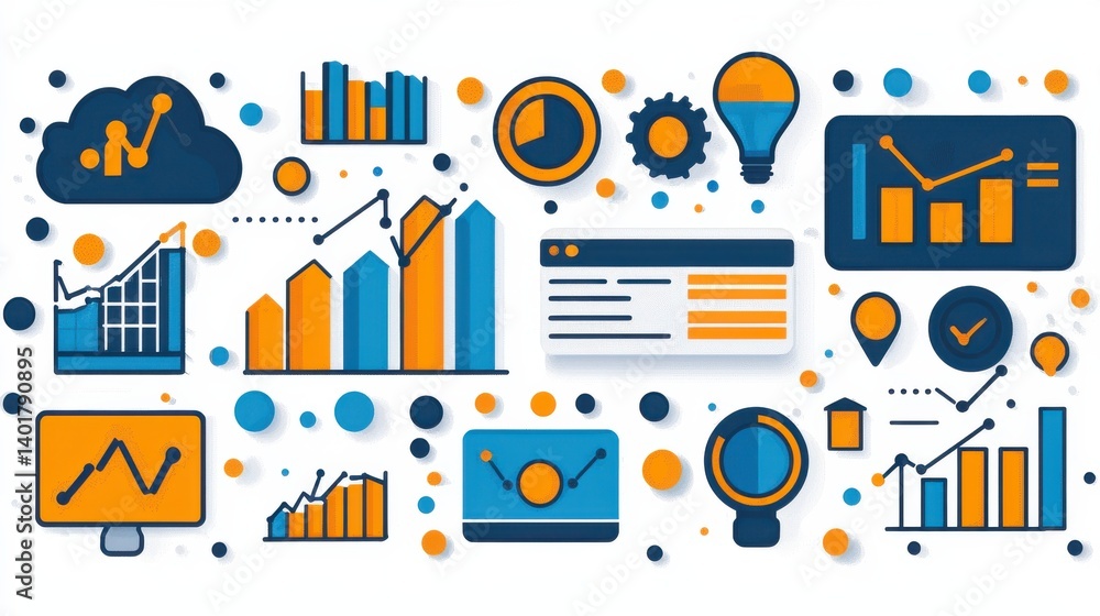 Poster a diverse set of icons and graphics representing various data analysis reporting and visualization t
