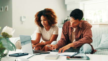 Budget, planning or couple writing with laptop notes or income statement for household bills or...