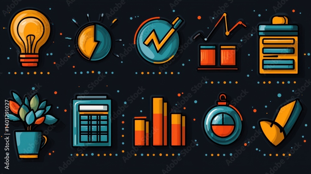 Poster this image features a set of 15 outline icons representing various aspects of data analytics statist