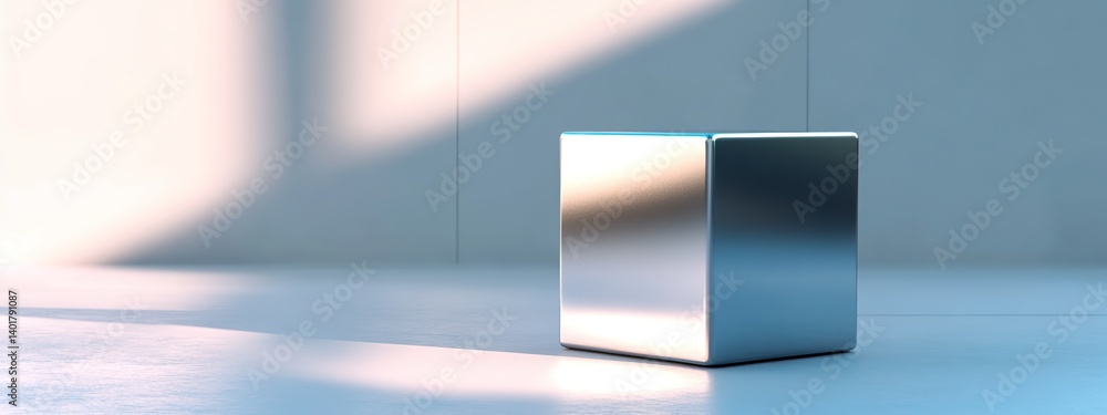 Aufkleber 3d rendering of a cube-shaped metal with soft light reflections