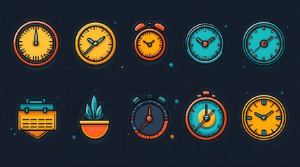 A diverse set of 15 clock and timepiece icons including analog watches digital timers alarms and hourglass symbols representing various aspects of time management scheduling
