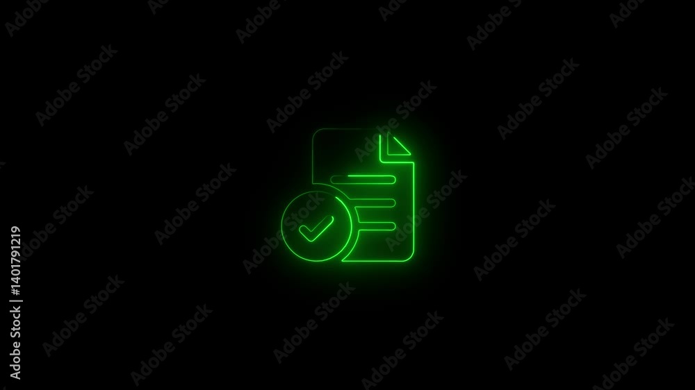 Poster glowing neon document file icon animation, neon pdf file icon.neon document checklist icon on a dark