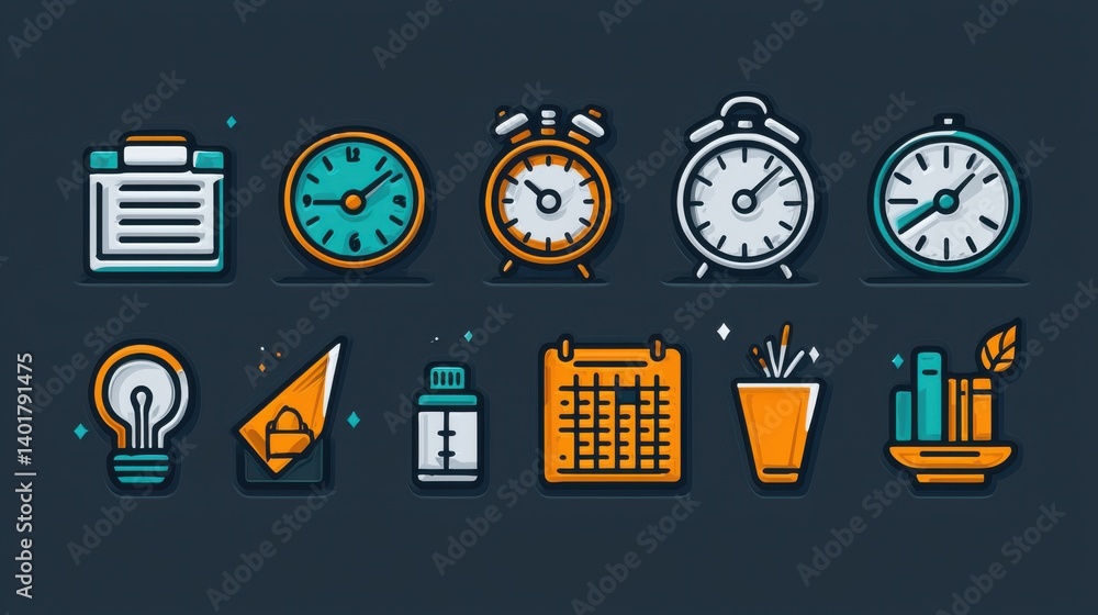 Poster a set of 15 outline icons representing various aspects of time management including clocks calendars