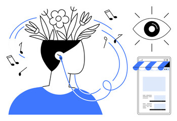 Human silhouette with plants growing from the head, wearing earphones, surrounded by musical notes, eye icon, and webpage illustration. Ideal for creativity, mindfulness, music, self-expression