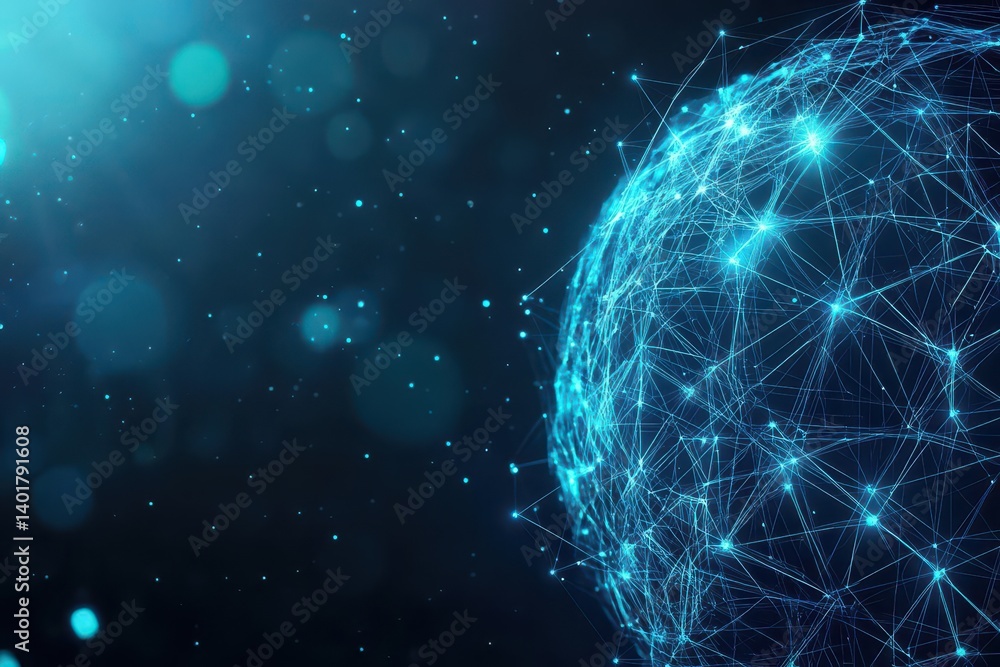 Poster intricate sphere composed of interconnected lines and dots symbolizing global connectivity in a mode