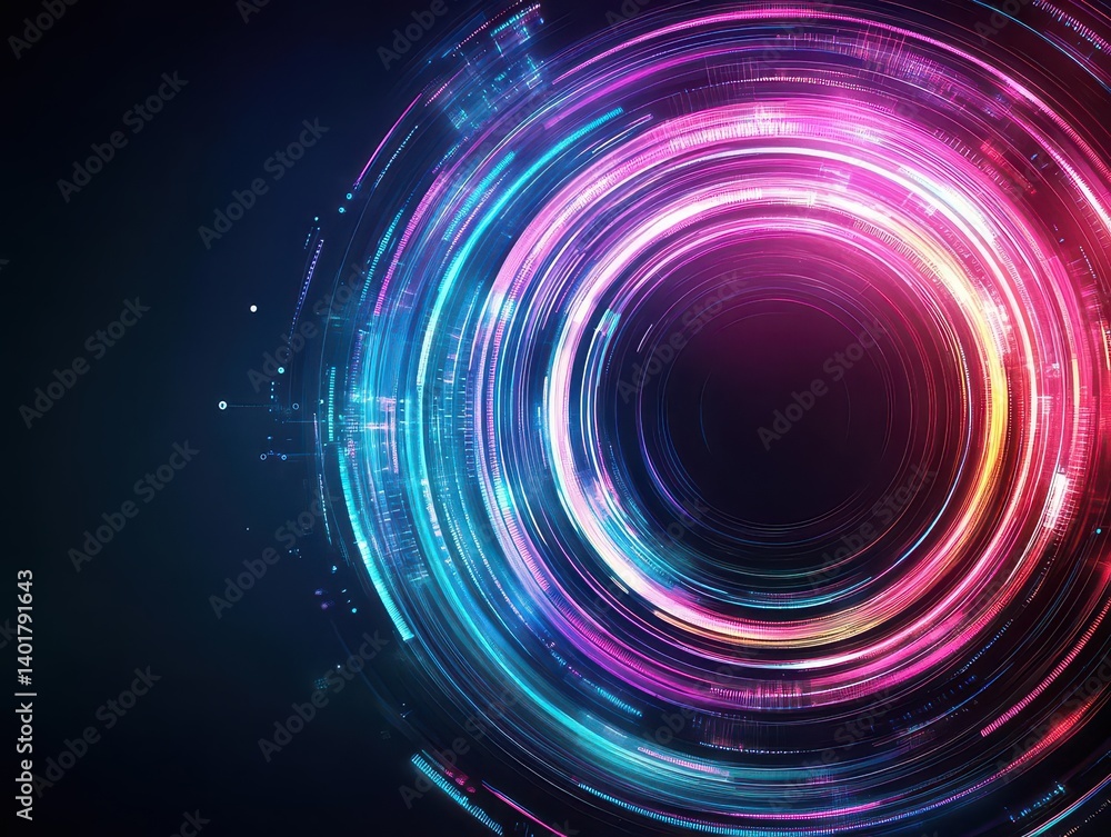 Poster vibrant circular light trails creating a dynamic and colorful display against a dark background evok
