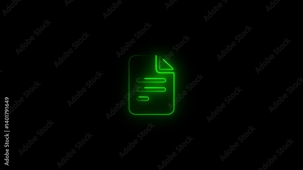 Poster glowing neon document file icon animation, neon pdf file icon.neon document checklist icon on a dark