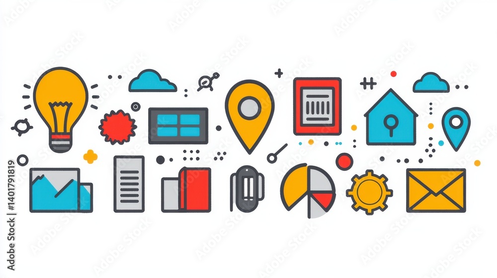 Poster this image features a set of 15 outline icons related to corporate communication business strategy d