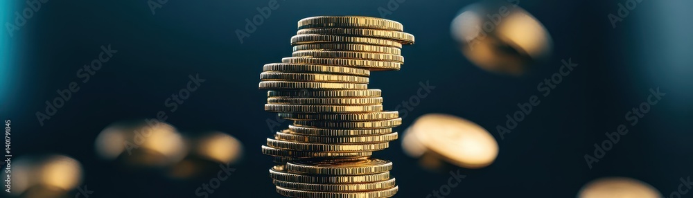 Poster a towering stack of shiny coins glimmering in soft light showcasing wealth and prosperity with a sen