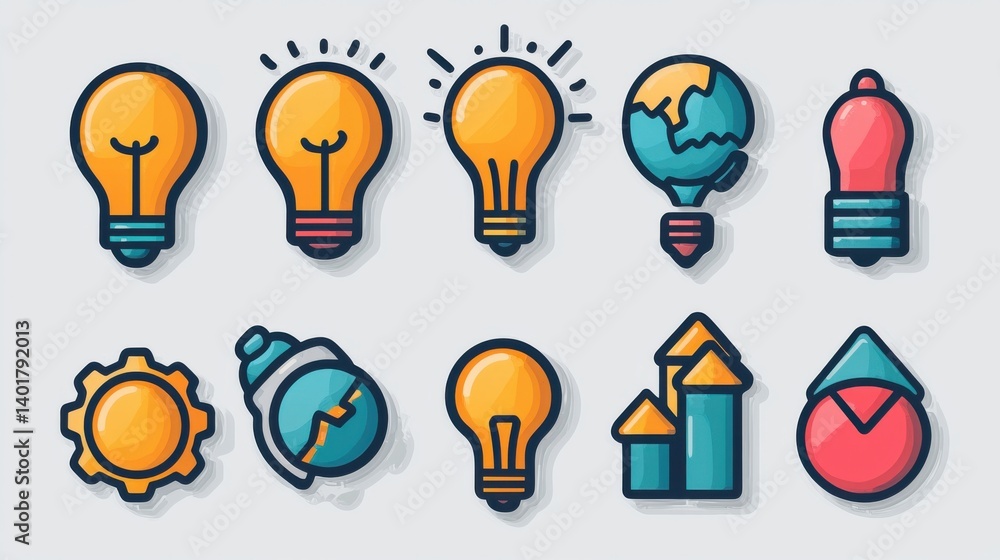 Poster a collection of 15 stylized outline icons representing various concepts associated with corporate in