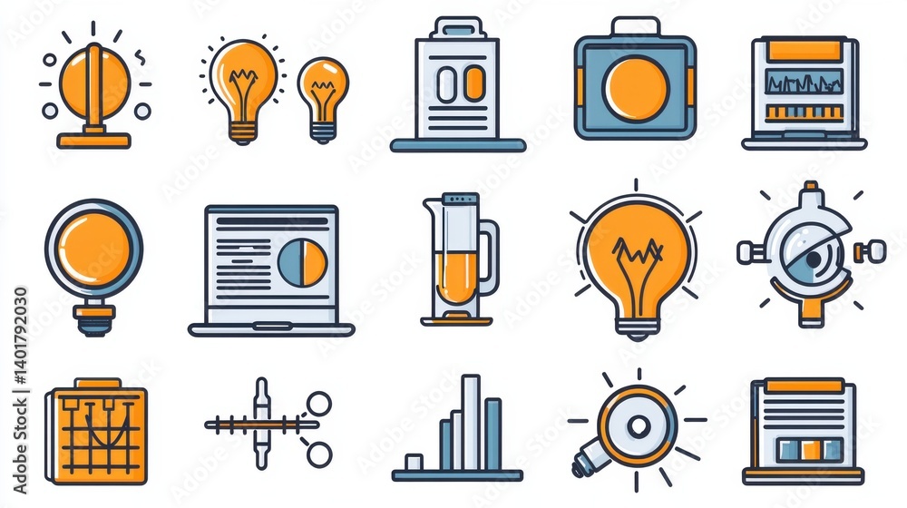 Poster a collection of 15 outline icons representing various aspects of corporate innovation business techn
