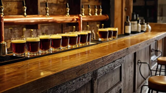 Amber craft beer sampler served in glasses on a rustic wooden bar with metal taps and dark wood paneling creating a cozy atmosphere