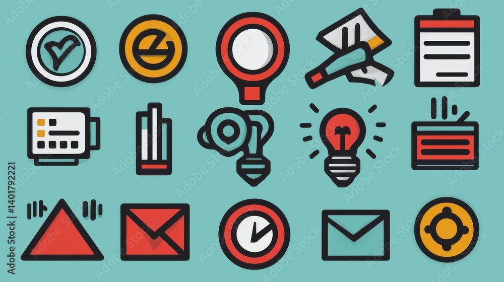 Poster a collection of minimal outline style icons representing various elements of corporate strategy and 