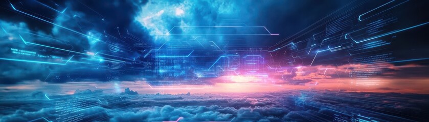 Obraz premium Futuristic Cityscape at Night with Vibrant Glowing Lights and Ethereal Clouds Creating a Dreamlike Atmosphere in a Modern Urban Environment