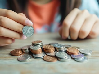 A focused woman carefully placing shiny coins into a growing pile on a wooden table surrounded by soft natural light creating a peaceful atmosphere