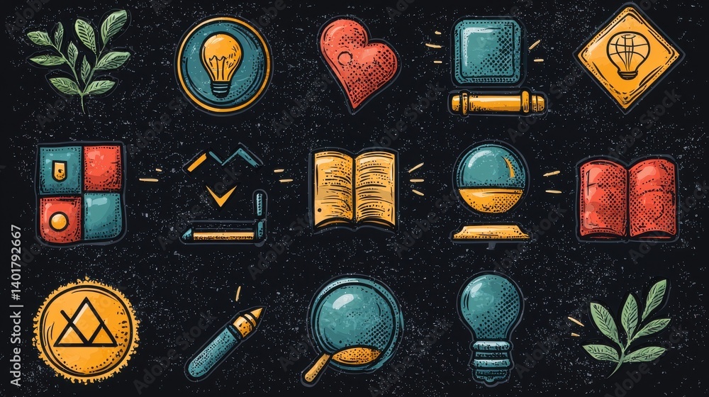 Poster a collection of 15 minimalist outline style icons representing various aspects of training learning 