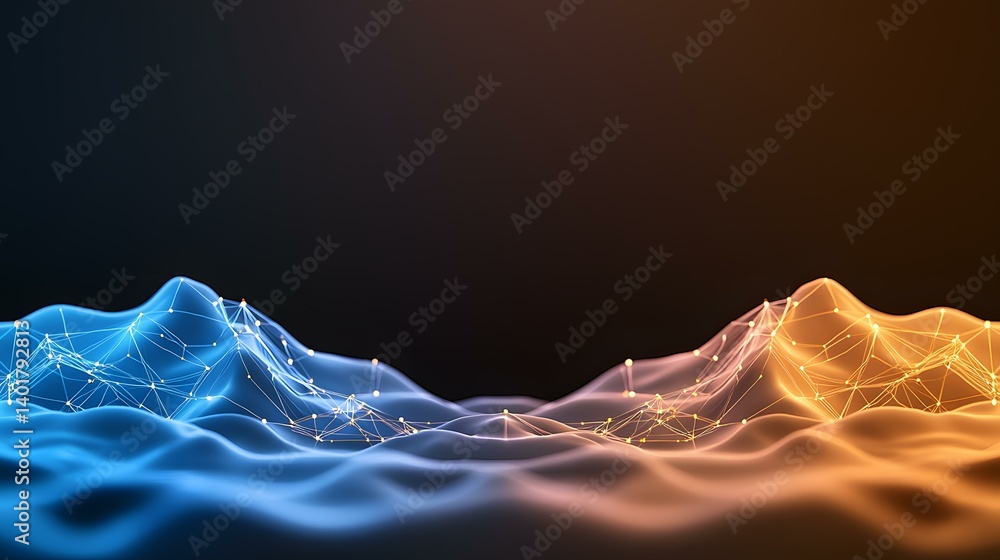 Poster the image contains an abstract representation of a landscape, rendered in cool and warm colors. glow