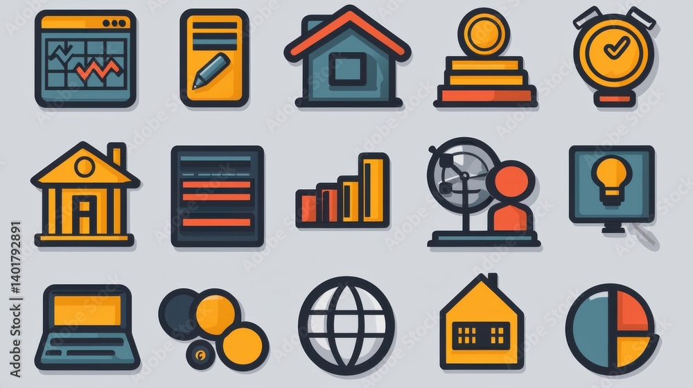 Poster a collection of 15 minimalist outline icons that symbolize various aspects of corporate structure in