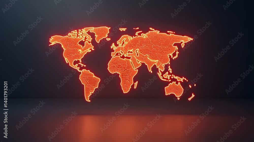 Poster a neon orange outline of a world map with a grid pattern inside, displayed against a dark background
