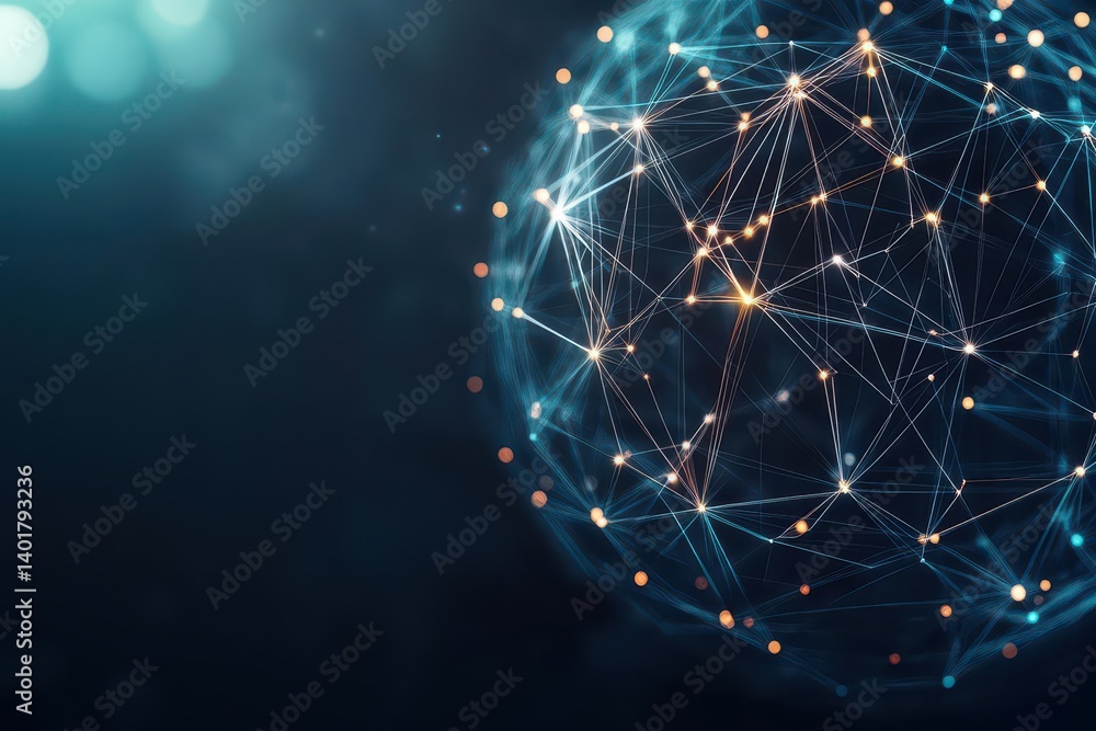 Poster intricate sphere composed of interconnected dots and lines representing a complex network symbolizin