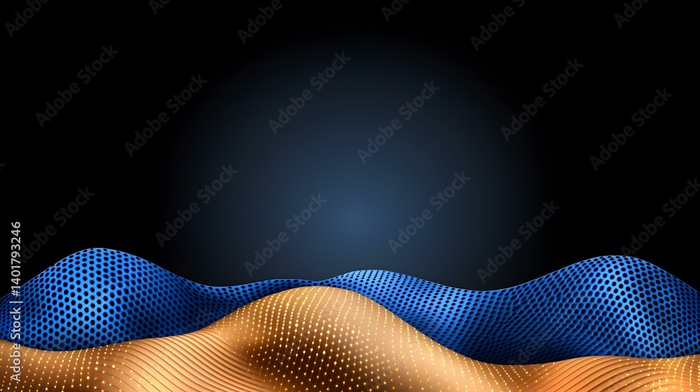 Aufkleber the image contains abstract wavy shapes in blue and gold against a dark background. the blue section