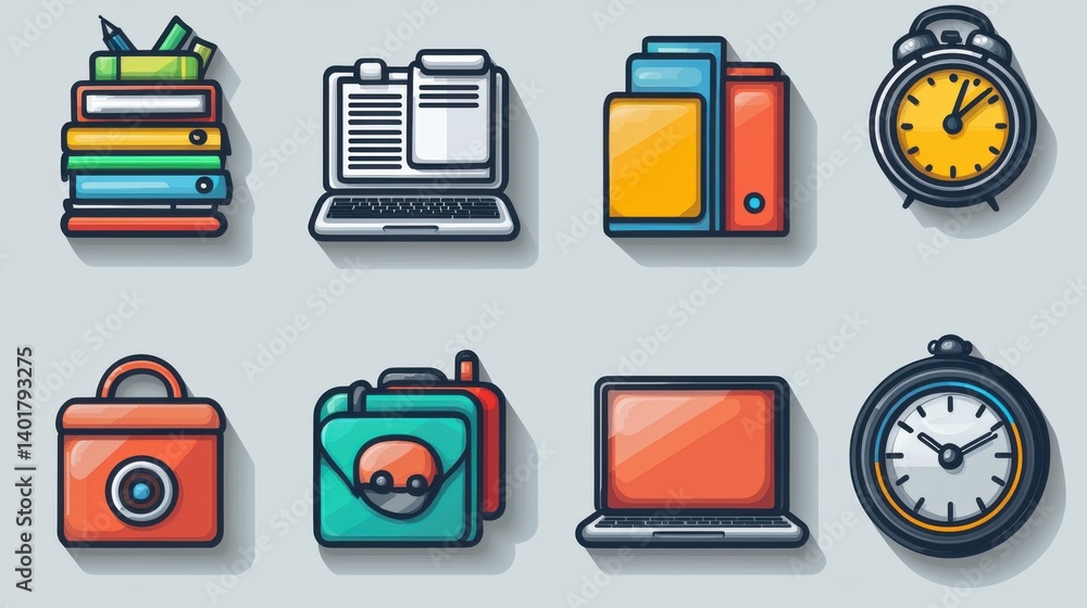 Poster a collection of 15 minimalist outline icons symbolizing the various elements and aspects of a busy w