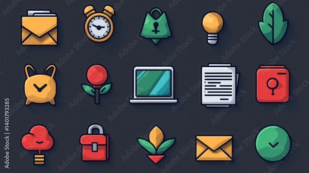 Poster this image showcases a collection of 15 outline icons that symbolize the various aspects of a workah