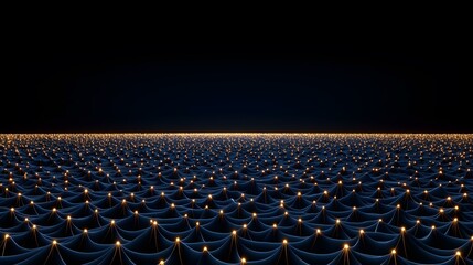 Obraz premium A dark blue undulating surface is dotted with numerous small, bright golden lights, creating a vast network effect against a black background.