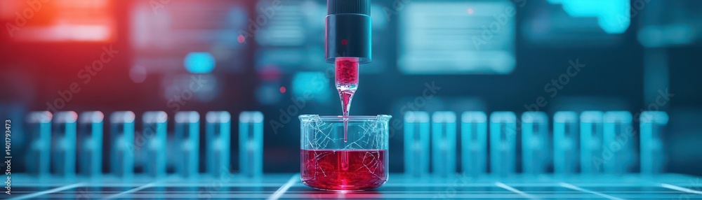 Poster vibrant red liquid cascading gracefully into a clear beaker creating a captivating scene of color an
