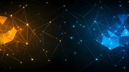 Fototapeta premium The image contains an abstract representation of a network, depicted with glowing lines and nodes forming geometric shapes in shades of orange and blue against a dark background.