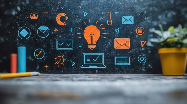 This image features a collection of simple outline icons symbolizing various aspects of remote education and online learning such as computer laptop email calendar presentation and more