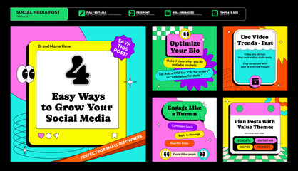 Social media carousel post template. Business Instagram and facebook square post template. Instagram tips post collection tutorial, tip, trick, quick tips, layout template design, retro, pop art