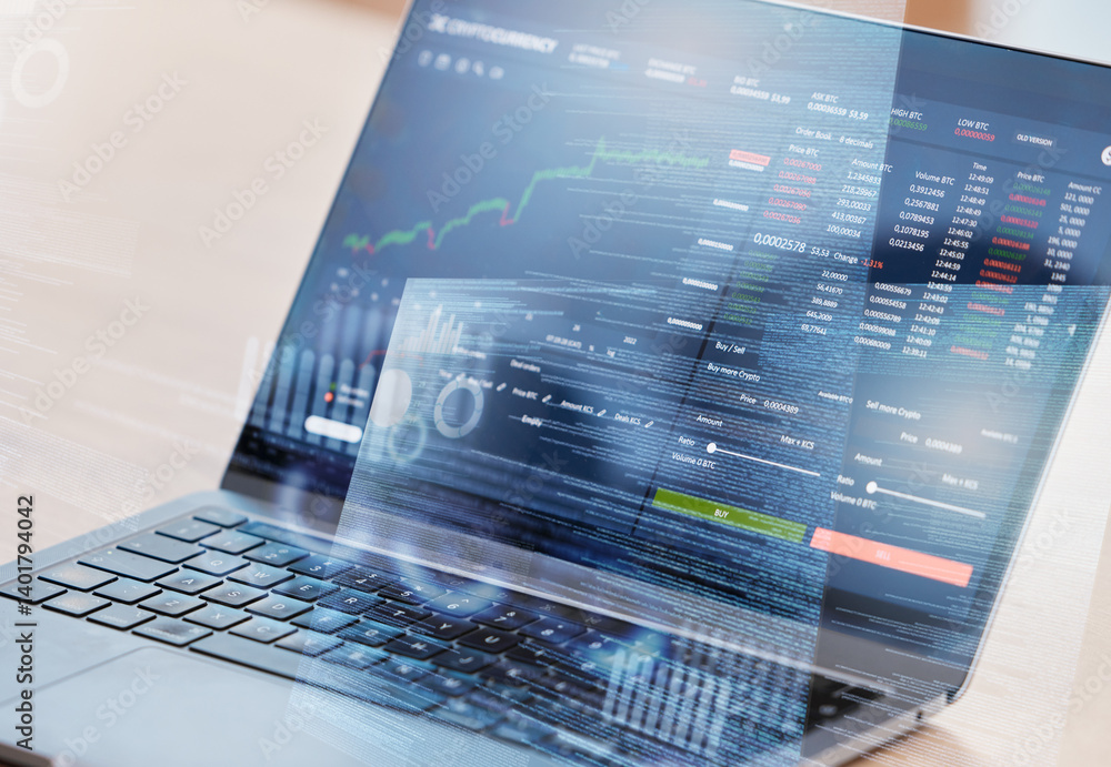 Poster Laptop screen, stock market and data analytics for cryptocurrency numbers, increase and business software background. Computer overlay with charts, graphs and statistics for trading online and profit