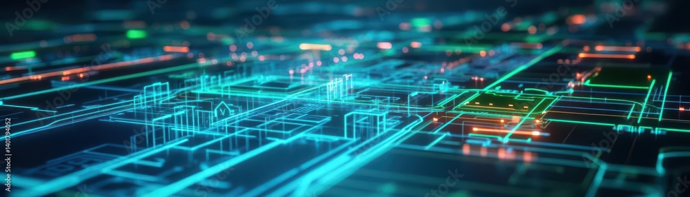 Poster intricate computer circuitry displaying vibrant glowing green and blue lights in a futuristic techno