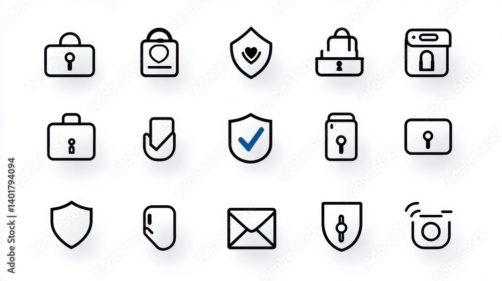 Poster collection of 15 minimalist icons representing various security and safety concepts including locks 