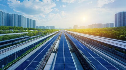 Fototapeta premium Sustainable Energy Solutions with Solar Panels Installed on the Roof of a Modern Train Station Showcasing Eco-Friendly Transportation Infrastructure