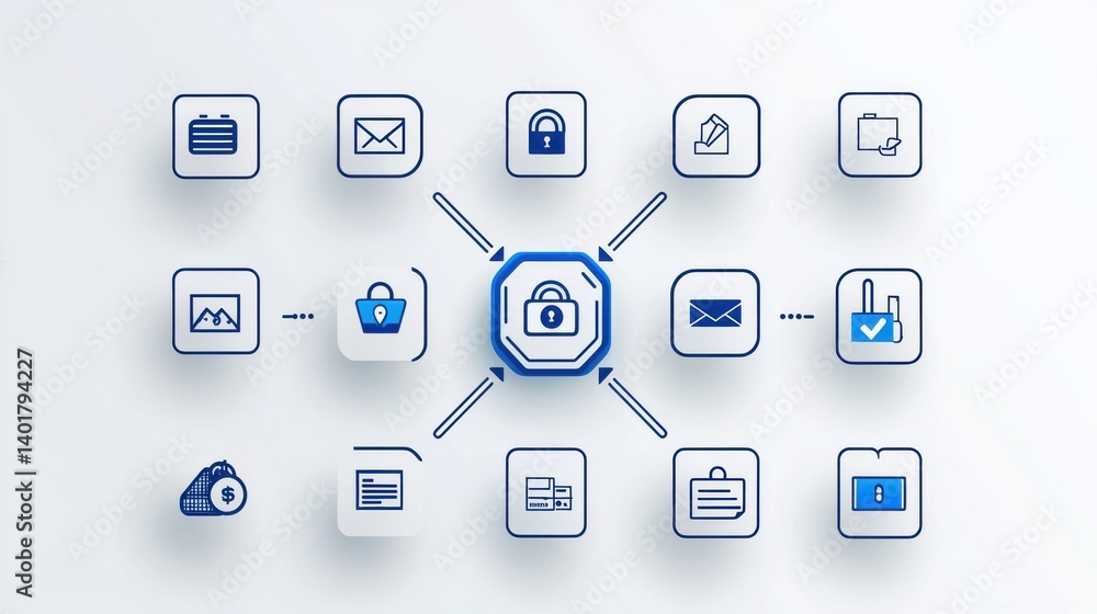 Poster a comprehensive set of 15 secure transaction line icons in a modern minimalist style suitable for va