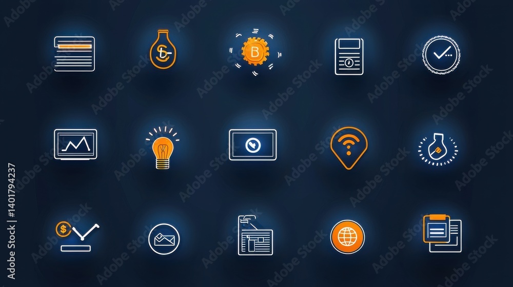 Poster a collection of 15 sleek and minimalist line icons representing various aspects of secure digital tr