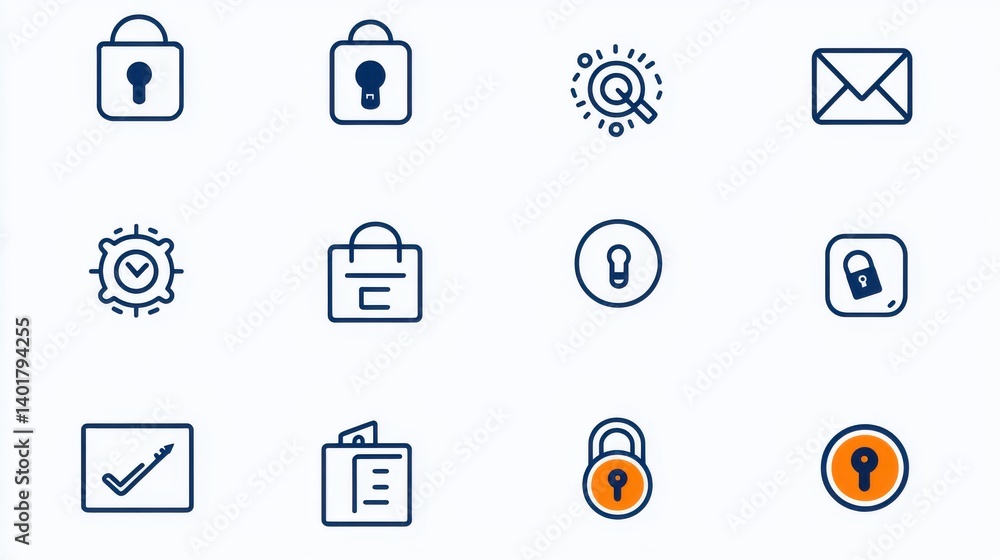 Poster a collection of 15 outline icons representing various security and protection concepts including loc