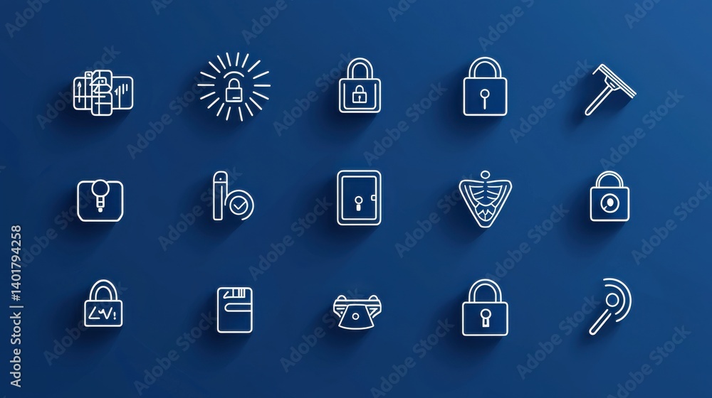 Poster a collection of 15 simple minimalistic icons depicting various security and protection concepts such