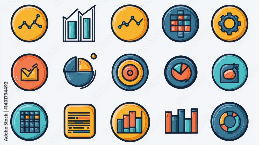 Poster a collection of 15 minimalist icons representing various statistical and analytical tools including 