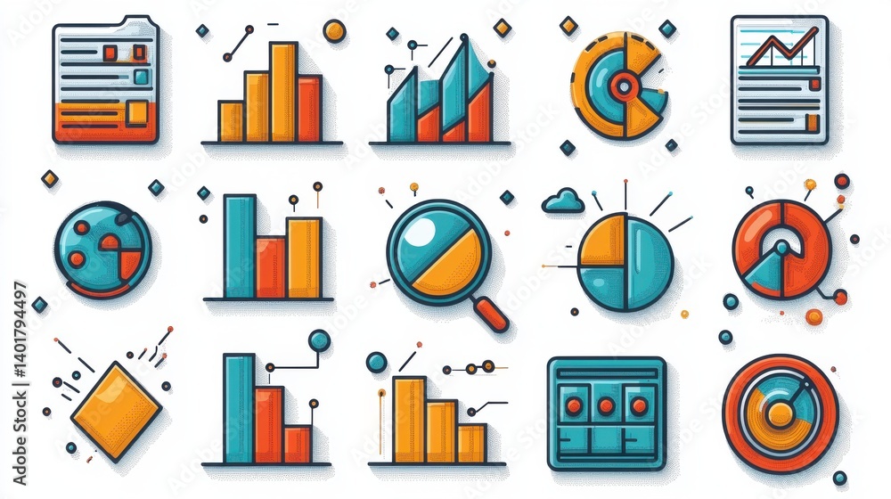 Poster this image showcases a collection of 15 icons depicting different data analysis and visualization to