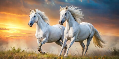 Obraz premium Majestic White Horses, Pair of Stunning White Horses, Elegant White Horse Duo, Purebred White Horses, Horse Photography, White Horse Pictures