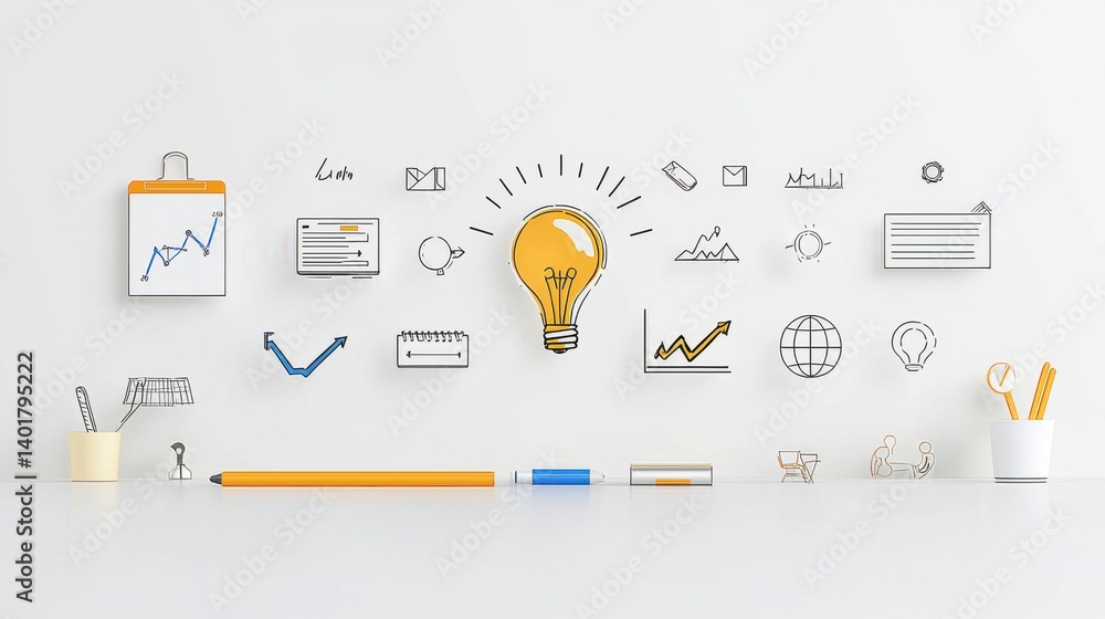 Poster a collection of thin line icons representing various elements of project planning business strategy 