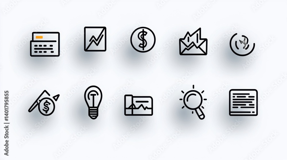 Poster a collection of minimalist icons representing various aspects of investment finance and business str