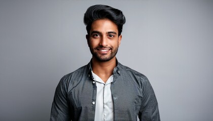 Obraz premium インディアン系男性が、シンプルなマット背景の前でモダンな装いをして立っている。短髪で清潔感を感じさせるシンプルで洗練されたデザイン。